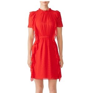 Monique Lhuillier red high neck dress, super flattering and versatile!